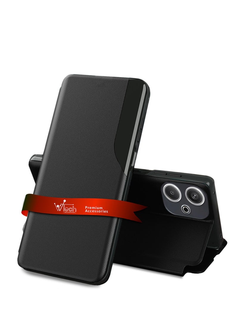 Wtech Smart Mirror Window Flip Phone Auto Sleep Wake Case Cover For Xiaomi Redmi 13 4G / 5G 2024 Black - Image 1