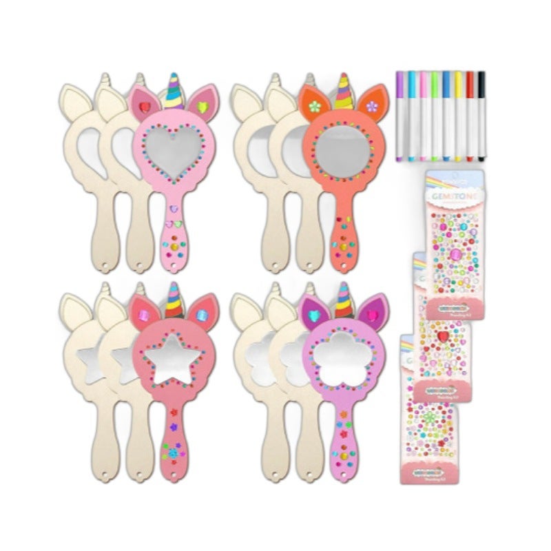 Small Mirror Makeup Mirror Wooden White Billet Diy Pearl Snow Mud Color-Painted Unicorn Mirror Suit - Image 2