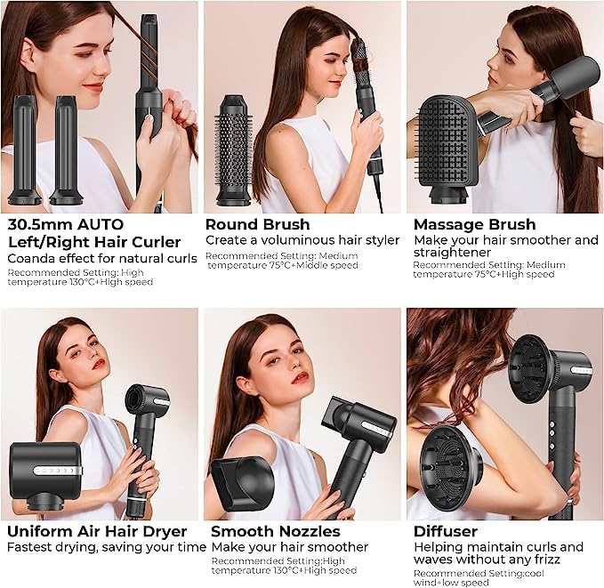 JINYAWA 7 in 1 Hair Dryer Brush,110000 RPM High Speed Blow Dryer Wrap System,Detachable Hair Styling Tools - Ionic Hair Dryer with Diffuser, Air Curling Iron,Curling Brush,Hair Straightener Brush - Image 2