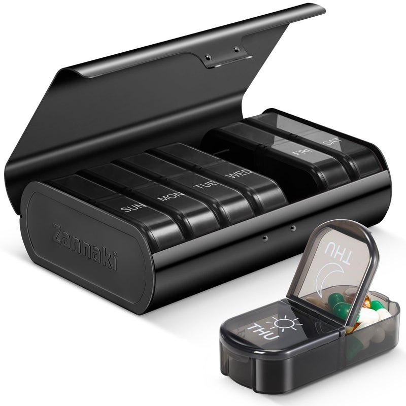Zannaki Metal XL Weekly Pill Organizer 2 Times a Day, Large Travel Daily Pill Box 7 Day, Portable Week Twice Pill Holder Container, AM PM Pill Case for Medicine Vitamin Medication Supplement, Black - Image 1