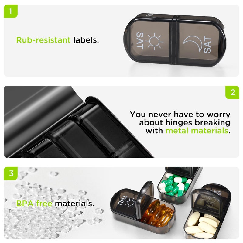 Zannaki Metal XL Weekly Pill Organizer 2 Times a Day, Large Travel Daily Pill Box 7 Day, Portable Week Twice Pill Holder Container, AM PM Pill Case for Medicine Vitamin Medication Supplement, Black - Image 4