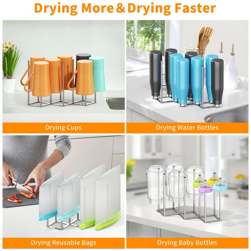 PLUVON Foldable Baby Bottle Drying Rack-10 Poles Water Bottle Organizer for Cups,Travel Mugs,Silicone Bags- Collapsible Stainless Steel Bottle Rack Dryer (Silver) - Image 5