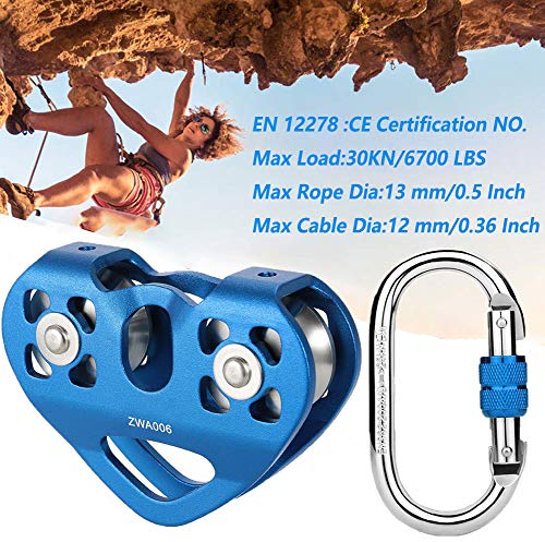 Youngneer Climbing Zip Line Pulley 30KN Double Tandem Speed Dual Trolley with 25kN Carabiner for 1/4 5/16 3/8 1/2 Cable for Zipline Climbing Rescue Pulley - Image 3
