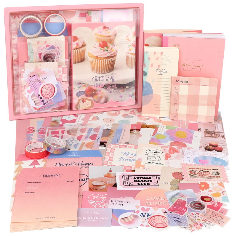 Draupnir Pink Cute Kawaii Aesthetic Scrapbook Kit(348pcs), Bullet Junk Journal Kit with Journaling/Scrapbooking Supplies, Stationery,A6 Grid Notebook with Graph Ruled Pages DIY Gift for Teen Girl - Image 1