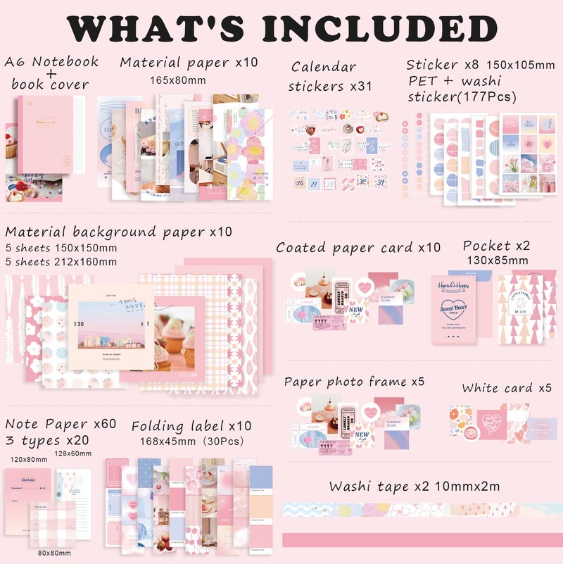 Draupnir Pink Cute Kawaii Aesthetic Scrapbook Kit(348pcs), Bullet Junk Journal Kit with Journaling/Scrapbooking Supplies, Stationery,A6 Grid Notebook with Graph Ruled Pages DIY Gift for Teen Girl - Image 2