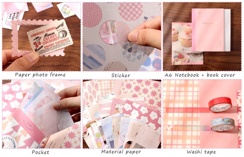 Draupnir Pink Cute Kawaii Aesthetic Scrapbook Kit(348pcs), Bullet Junk Journal Kit with Journaling/Scrapbooking Supplies, Stationery,A6 Grid Notebook with Graph Ruled Pages DIY Gift for Teen Girl - Image 4