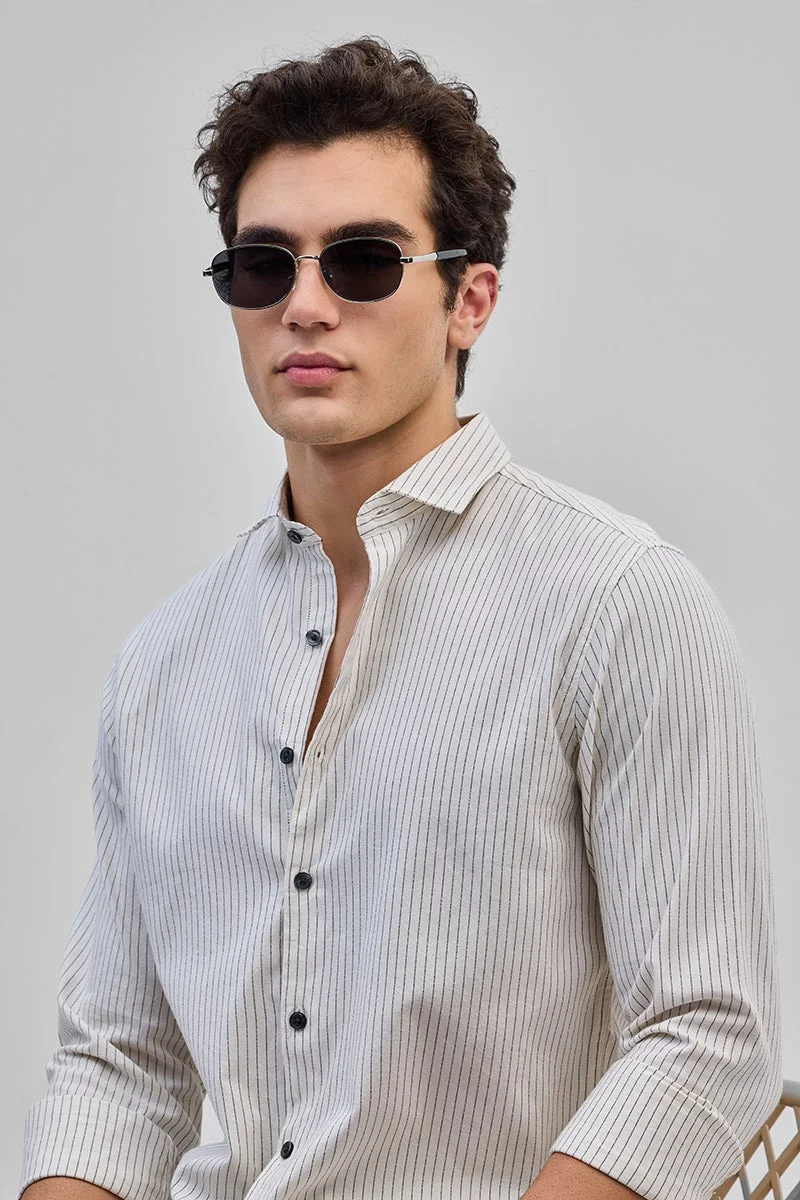 SNITCH Cream Slim Fit Stripes Shirt