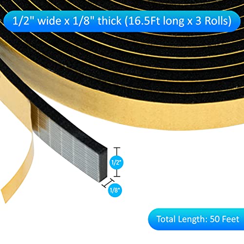Dualplex High Density Foam Weather Stripping Door Seal Strip Insulation Tape Roll for Insulating Door Frame, Window, Air Conditioner | Self Adhesive Sealing Weatherstrip (Black, 1/2 in x 1/8 in x 50) - Image 2