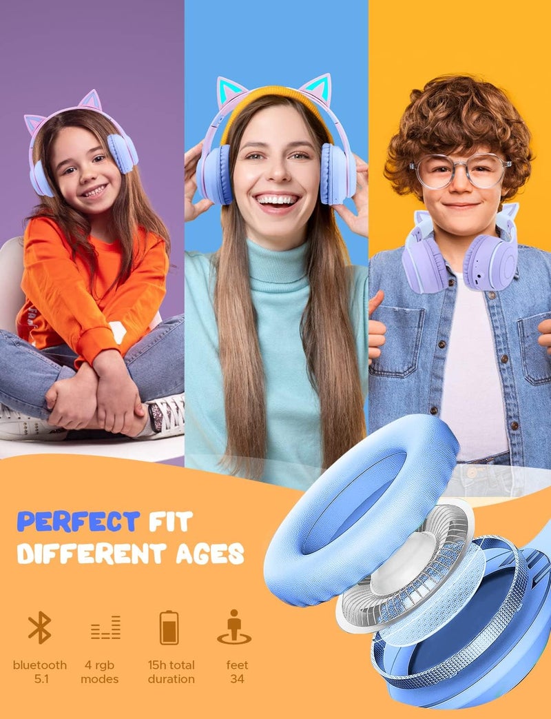جي واي بي اس سماعات اللاسلكية للأطفال للبنات، سماعات بلوتوث للأطفال على شكل أذن قطة مع إضاءة LED، سماعات فوق الأذن قابلة للتعديل مع ميكروفون للمراهقين/النساء البالغات/الجهاز اللوحي/آيباد/الكمبيوتر الشخصي، باللون الوردي والأزرق. - Image 3