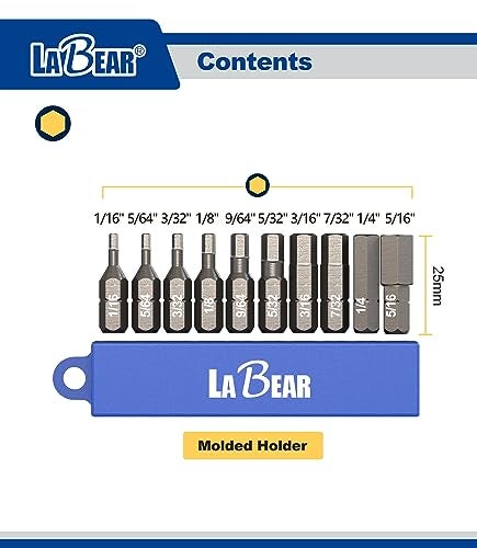 LABEAR -10-Piece SAE Hex Head Allen Wrench Screwdriver Bit Set. S2 Stee, 1" long Bits for Assembly(1/16", 5/64", 3/32", 1/8", 9/64", 5/32", 3/16", 7/32", 1/4", 5/16") - Image 2