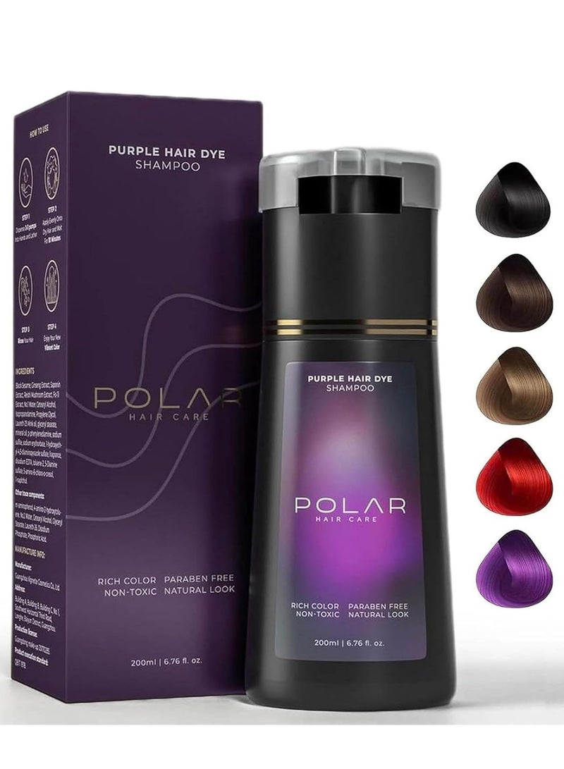 Polar Hair Dye Shampoo, Polar Hair Care, Polar Hair Care Instant Dye Shampoo, Natural Hair Color Shampoo For Gray Hair Coverage, Polar Haircare Suitable For Women & Men 200ml (Purple) - Image 1
