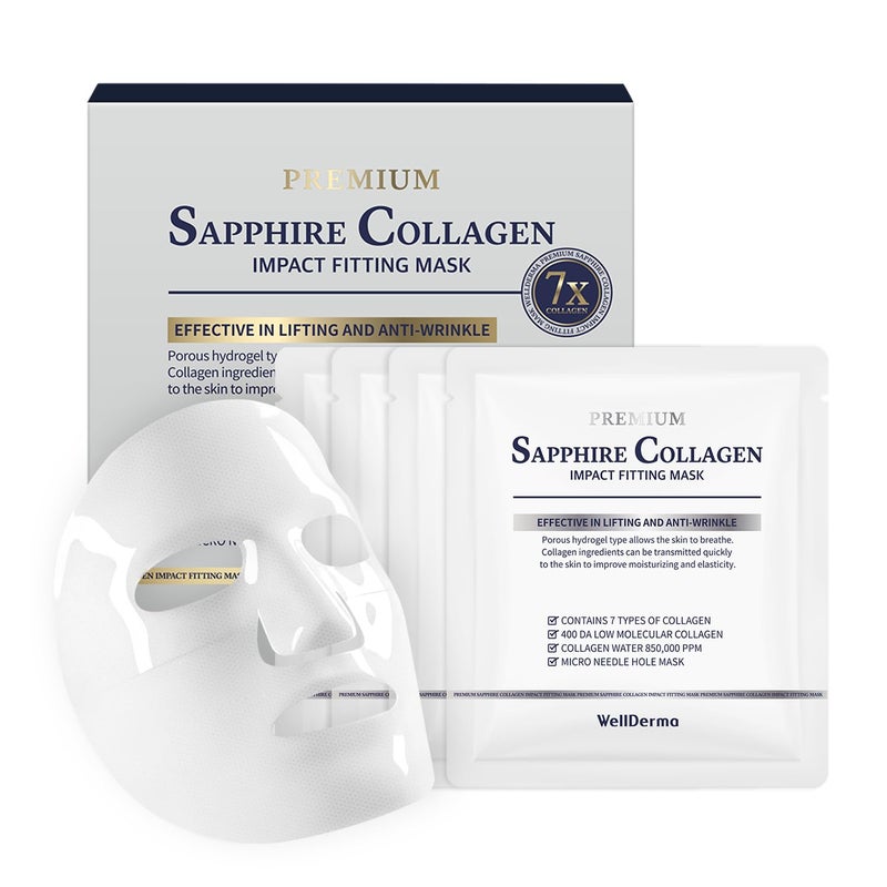 Wellderma قناع ويلديرما سافير بريميوم كولاجين إمباكت فيتنج 4 قطع - قناع كوري للوجه للبشرة الخشنة والجافة - قناع مرطب ليلي بتركيبة مسامية حاصلة على براءة اختراع نوع هيدروجيل - نياسيناميد - Image 1