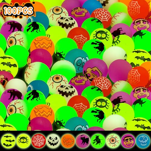 ZIRSENG 100 Piece Halloween Glow in The Dark Bouncing Balls 10 H alloween Theme Designs for Halloween Party Favor Supplies School Classroom Game Rewards Trick or Treating Goodie Bags Halloween Miniatures - Image 1