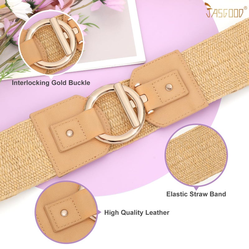 JASGOOD Straw Woven Elastic Belt for Women Vintage Wide Stretch Waistband for Dress Boho Ladies Summer Dress Belt - Image 2