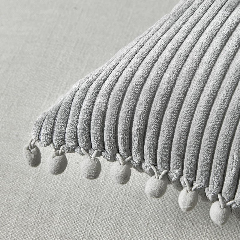 Fancy Homi Set of 2 Neutral Grey Decorative Throw Pillow Covers 12x12 Inch with Pom-poms for Couch Bed Sofa, Modern Farmhouse Boho Home Decor, Soft Plush Corduroy Cute Cushion Case 30x30 cm - Image 4