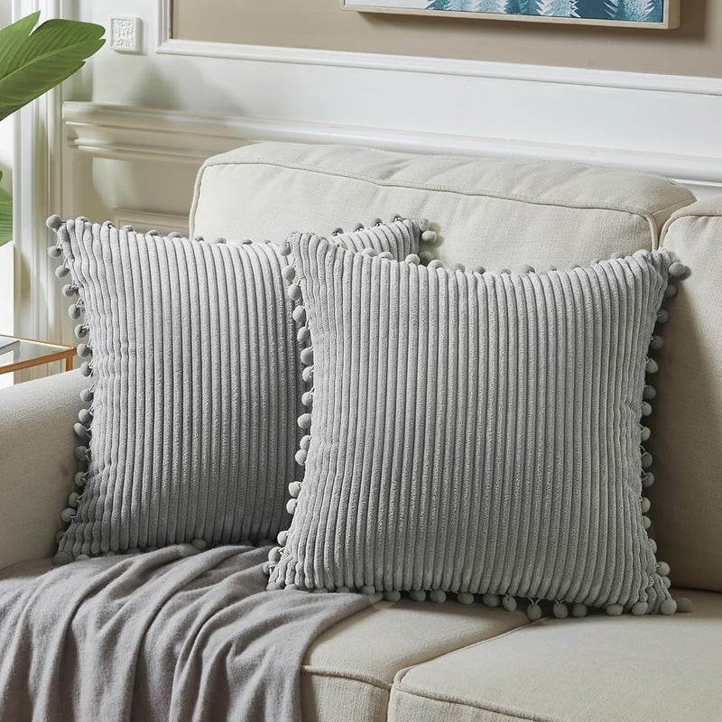 Fancy Homi Set of 2 Neutral Grey Decorative Throw Pillow Covers 12x12 Inch with Pom-poms for Couch Bed Sofa, Modern Farmhouse Boho Home Decor, Soft Plush Corduroy Cute Cushion Case 30x30 cm - Image 1