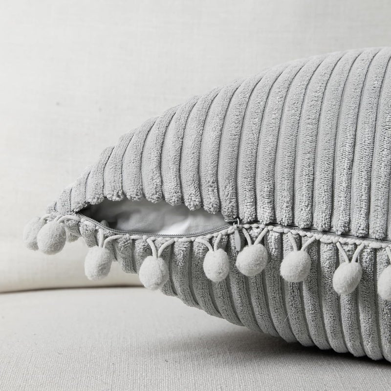 Fancy Homi Set of 2 Neutral Grey Decorative Throw Pillow Covers 12x12 Inch with Pom-poms for Couch Bed Sofa, Modern Farmhouse Boho Home Decor, Soft Plush Corduroy Cute Cushion Case 30x30 cm - Image 3