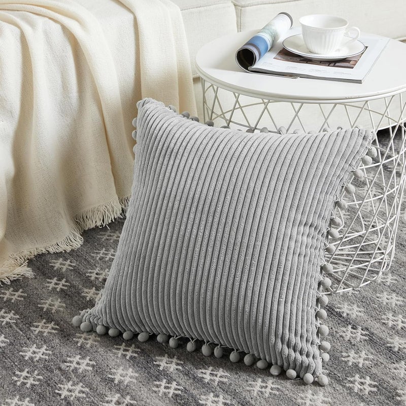 Fancy Homi Set of 2 Neutral Grey Decorative Throw Pillow Covers 12x12 Inch with Pom-poms for Couch Bed Sofa, Modern Farmhouse Boho Home Decor, Soft Plush Corduroy Cute Cushion Case 30x30 cm - Image 2