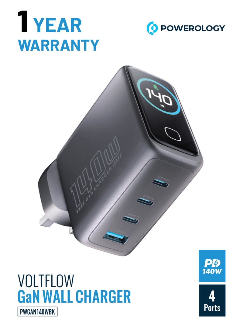 باورولوجي شاحن حائط فولت فلو GaN بتقنية PD بقوة 140 واط / قابس متعدد للهواتف الذكية وأجهزة الكمبيوتر المحمولة / تحكم في درجة الحرارة بالذكاء الاصطناعي / متوافق مع أجهزة متعددة / شحن سريع عالي الطاقة - أسود - Image 1