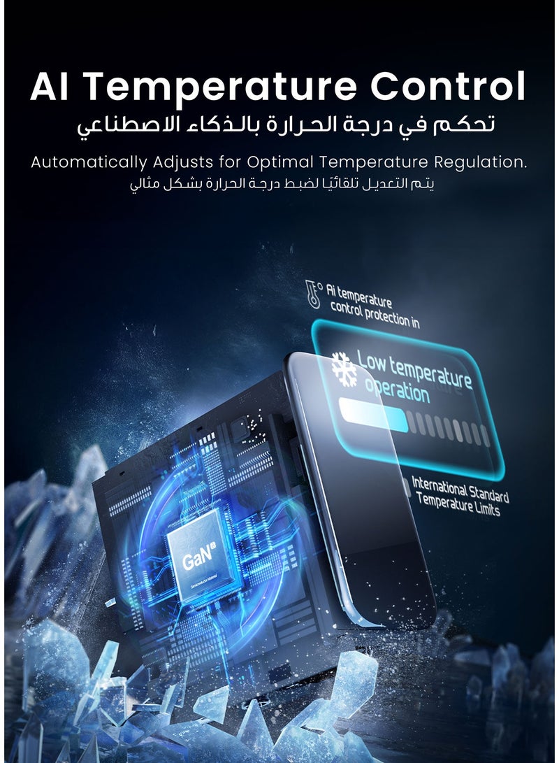 باورولوجي شاحن حائط فولت فلو GaN بتقنية PD بقوة 140 واط / قابس متعدد للهواتف الذكية وأجهزة الكمبيوتر المحمولة / تحكم في درجة الحرارة بالذكاء الاصطناعي / متوافق مع أجهزة متعددة / شحن سريع عالي الطاقة - أسود - Image 5