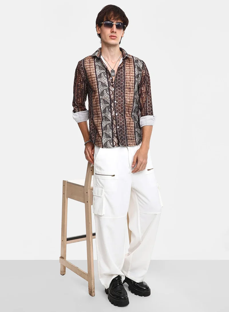 Campus Sutra Men's Chocolate Brown Folk Print Shirt