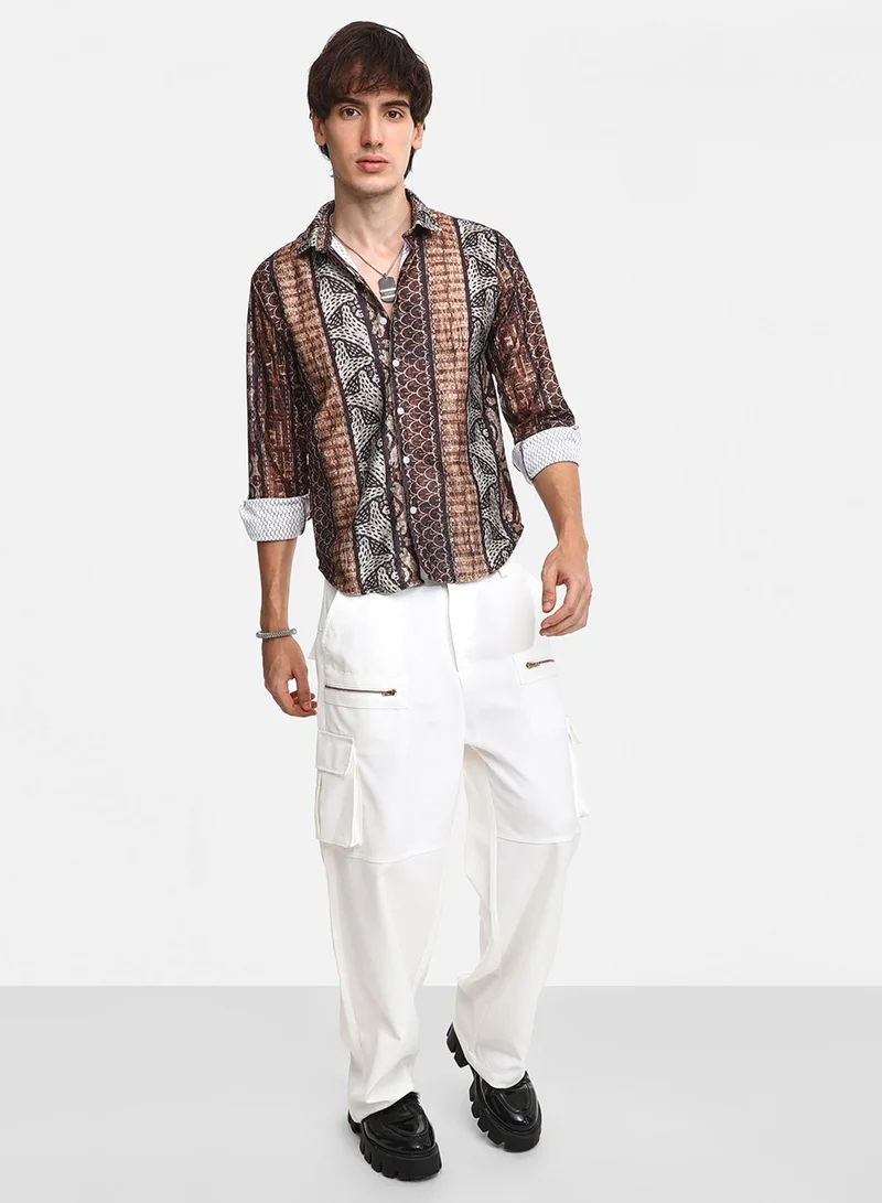 Campus Sutra Men's Chocolate Brown Folk Print Shirt