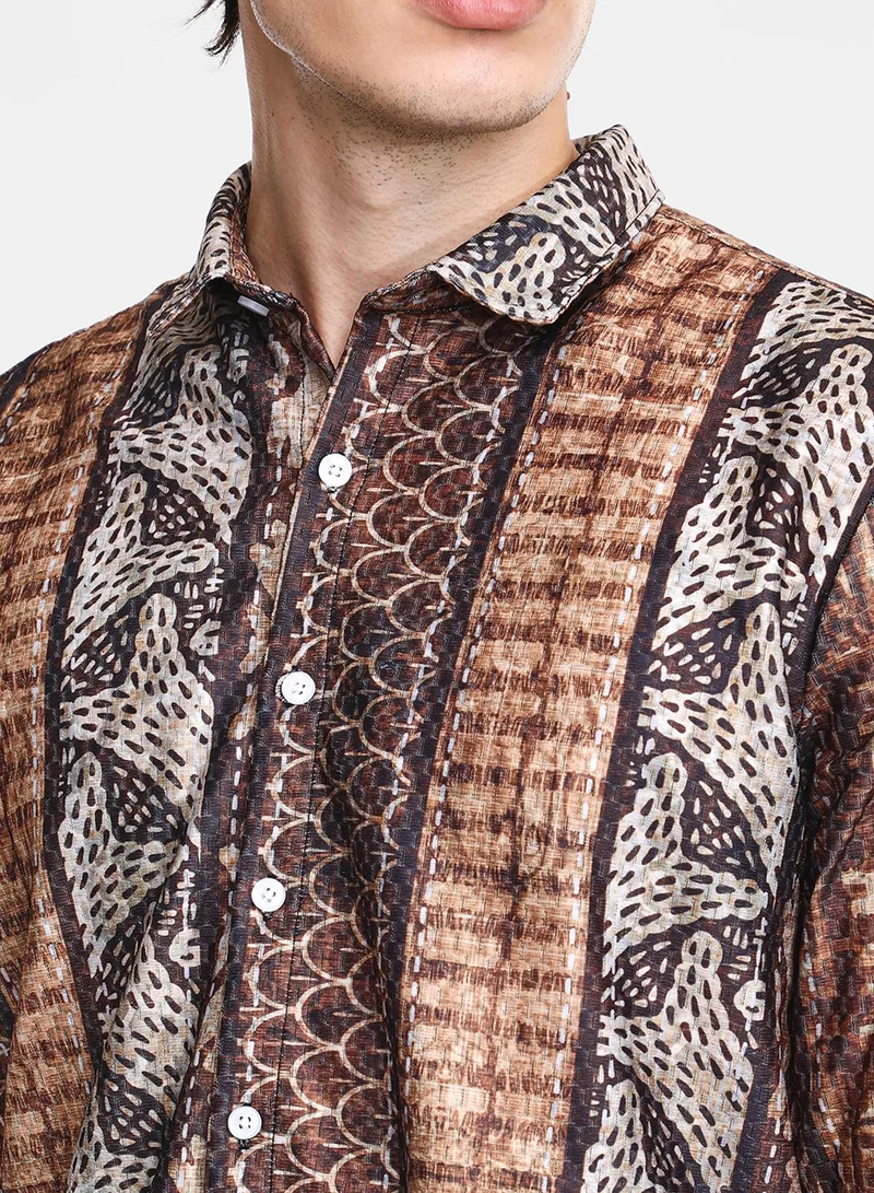 Campus Sutra Men's Chocolate Brown Folk Print Shirt