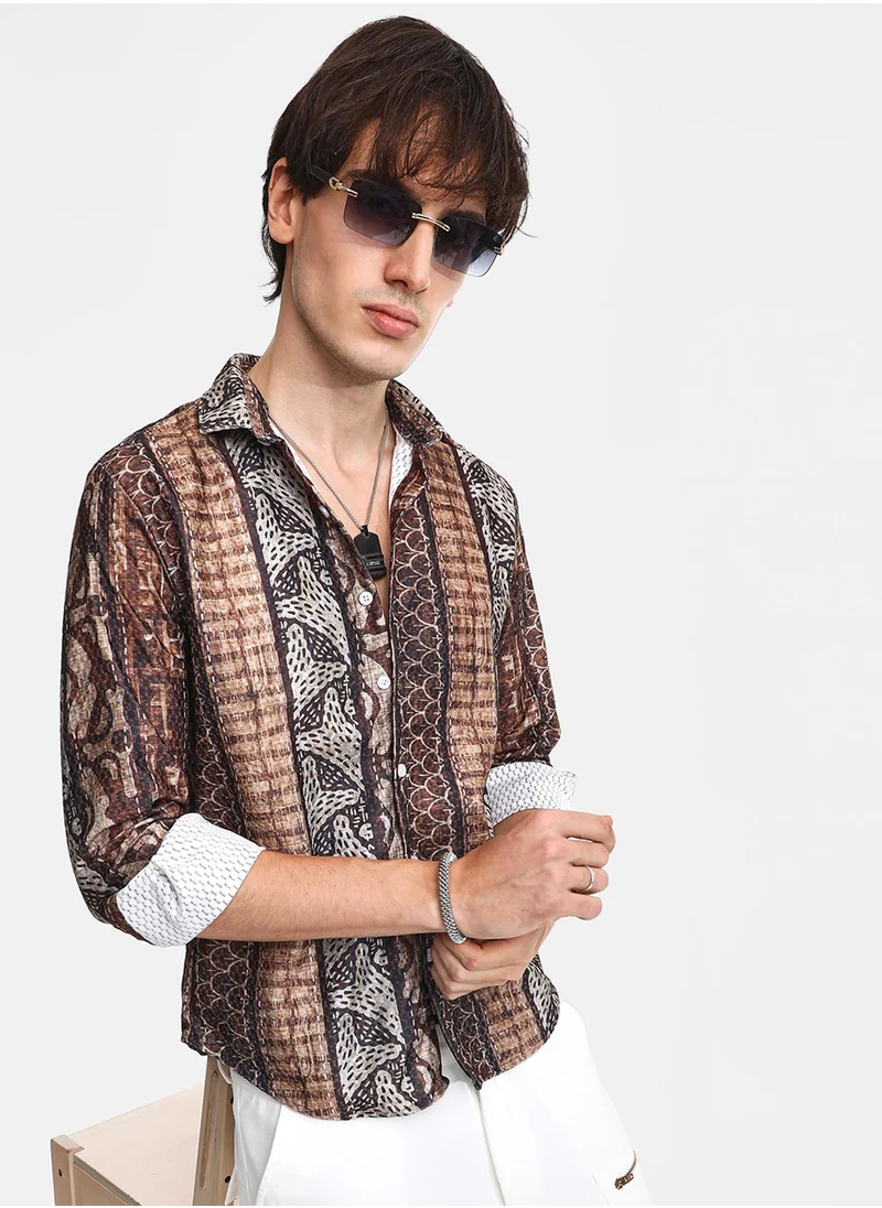 كامبوس سوترا Men's Chocolate Brown Folk Print Shirt