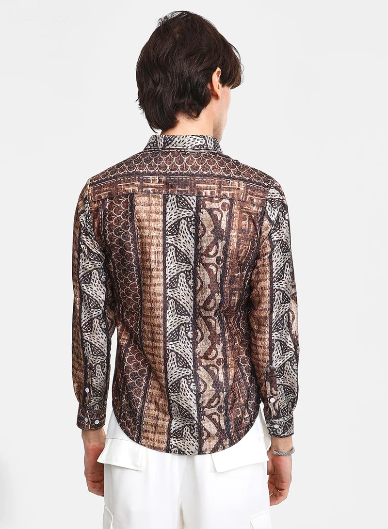 Campus Sutra Men's Chocolate Brown Folk Print Shirt