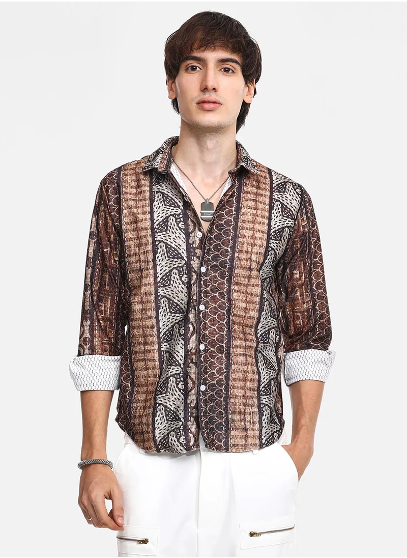 كامبوس سوترا Men's Chocolate Brown Folk Print Shirt