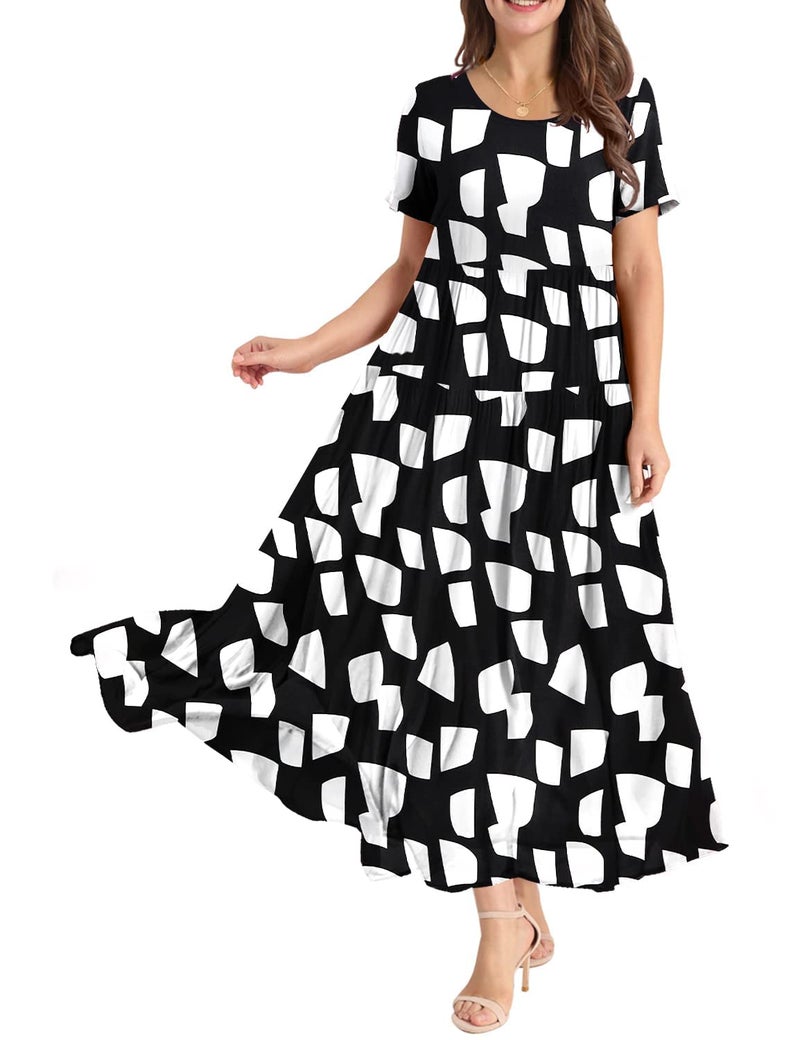 YESNO Women Casual Loose Bohemian Floral Dress with Pockets Short Sleeve Long Maxi Summer Beach Swing Dress 3XL EJF CR162 Black/White - Image 2