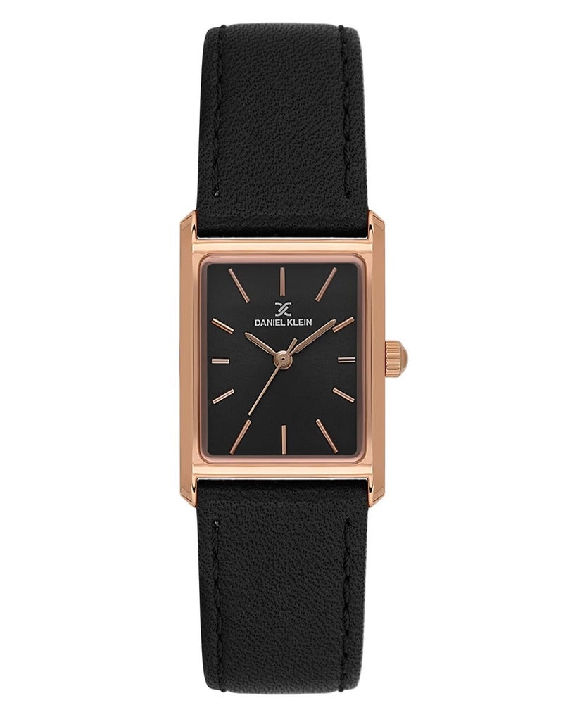 دانيل كلاين ساعة نسائية سوار جلد | علبة من سبيكة الذهبي الوردي | تناظري | قرص أسود مربع بنمط شعاعي | كوارتز ياباني | فاخر | مقاومة للماء حتى عمق 30 مترًا - Image 1