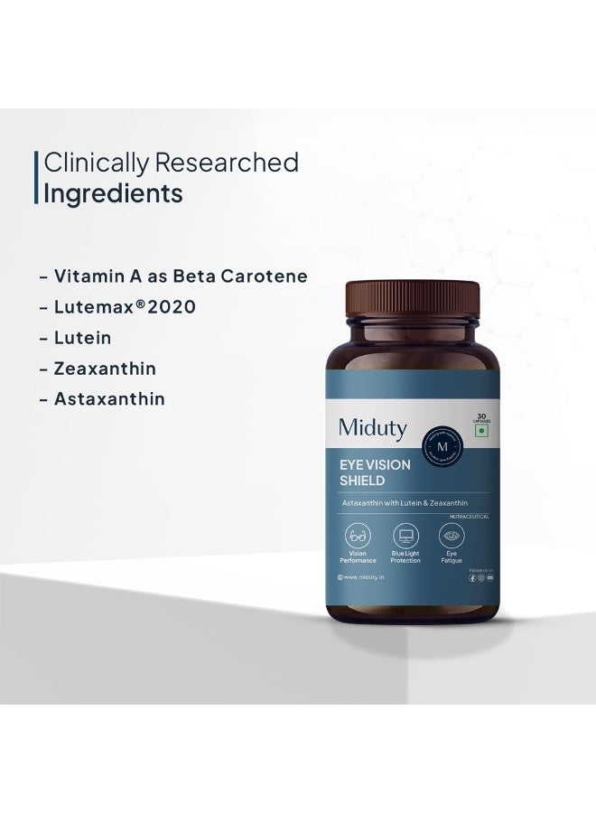 Miduty Eye Vision Shield Supplement for Dry Eyes | Bilberry Fruit Extracts 80mg, Vit A 300mcg, Lutein 20mg & Zeaxanthin, Astaxanthin, Lycopene- for Blurry Vision - 30 Capsules - Image 4