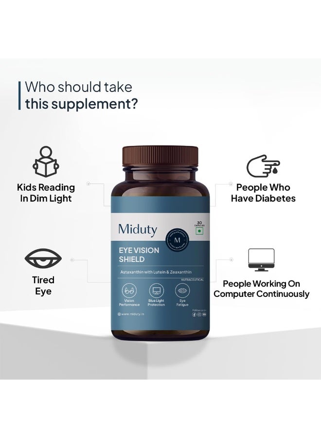 Miduty Eye Vision Shield Supplement for Dry Eyes | Bilberry Fruit Extracts 80mg, Vit A 300mcg, Lutein 20mg & Zeaxanthin, Astaxanthin, Lycopene- for Blurry Vision - 30 Capsules - Image 2