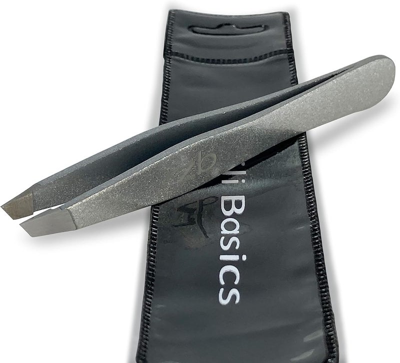 Zizzili Basics Tweezers Surgical Grade Stainless Steel Slant Tip for Expert Eyebrow Shaping and Facial Hair Removal with Bonus Protective Pouch Best Tweezer for Men and Women