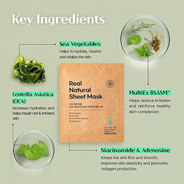 varuza] Real Natural Sheet Mask – EWG VERIFIED, Vegan Face Mask for Hydration, Non-GMO, No Artificial Fragrance, Made in Korea (10 PACK, BLUE AMPOULE) - Image 3