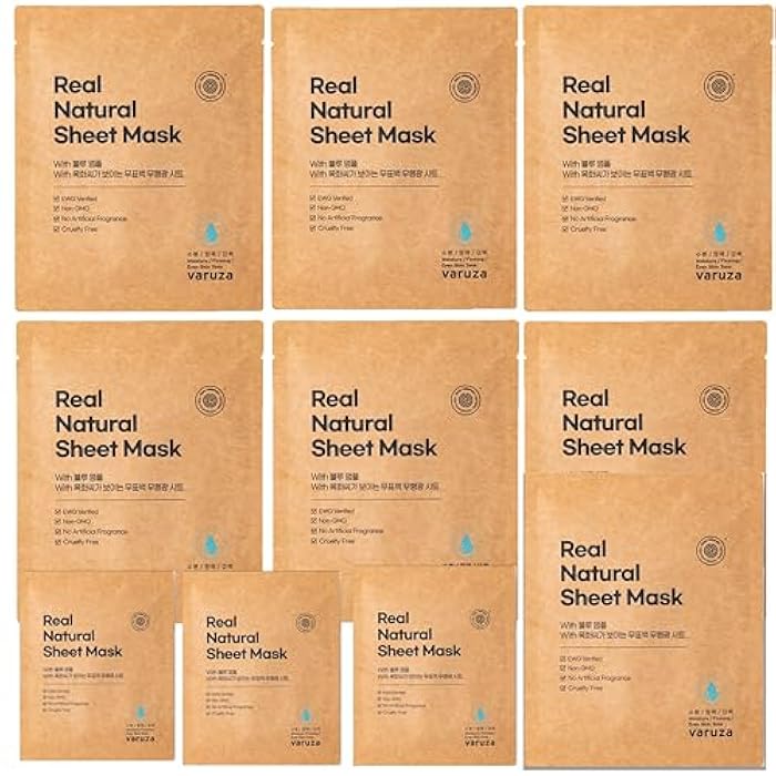 varuza] Real Natural Sheet Mask – EWG VERIFIED, Vegan Face Mask for Hydration, Non-GMO, No Artificial Fragrance, Made in Korea (10 PACK, BLUE AMPOULE) - Image 1
