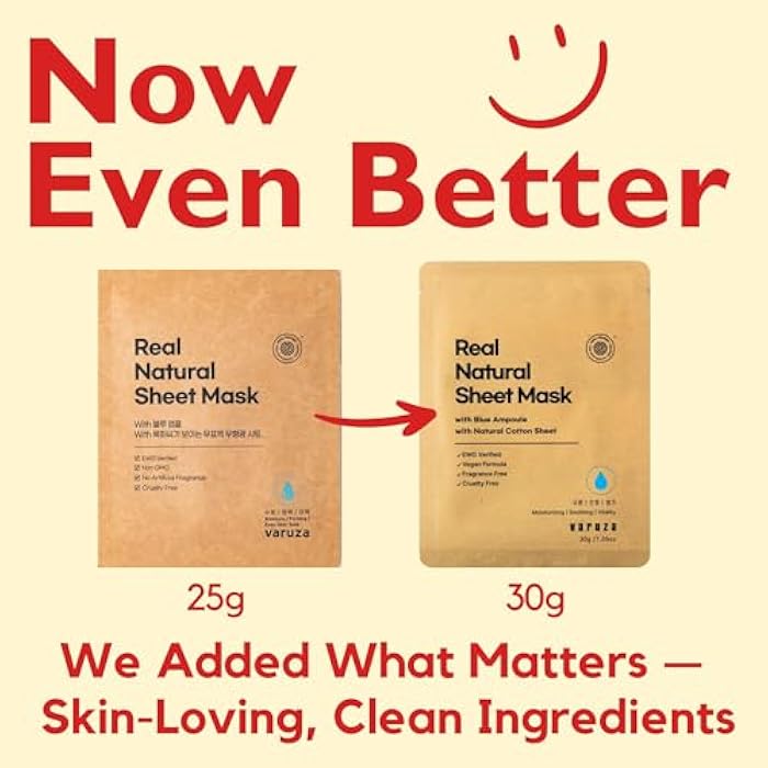 varuza] Real Natural Sheet Mask – EWG VERIFIED, Vegan Face Mask for Hydration, Non-GMO, No Artificial Fragrance, Made in Korea (10 PACK, BLUE AMPOULE) - Image 2