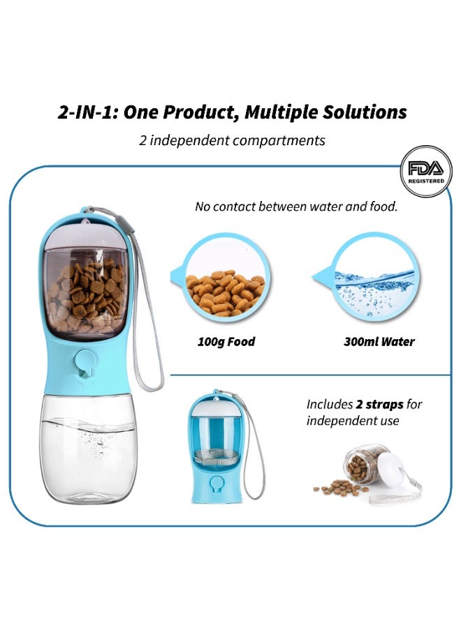 Pet 300ml Water and 100g Food Bottle for Cats and Dogs, FDA Approved Portable Travel Feeding Cup with Coconut Shell Filter2 in 1 Heat Resistant Blue - Image 2