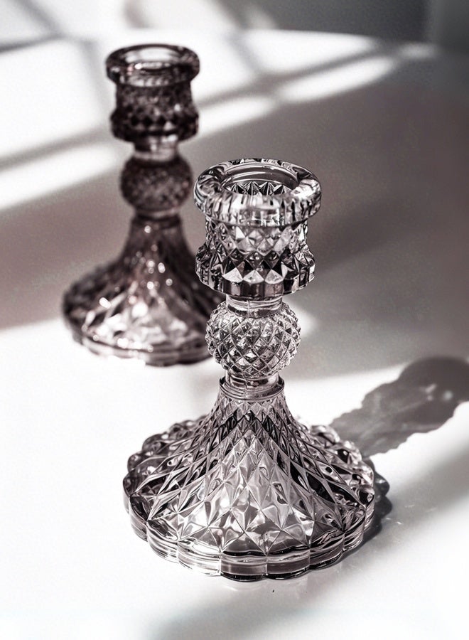 WangPangZi 2pcs Crystal Candle Holder, Glass Taper Candlestick Holder, Clear Decorative Candle Stand Centerpiece for Wedding Party Table Anniversary Dining Room Table Home Dinner Table Home Decor Wedding Party (Grey) - Image 1