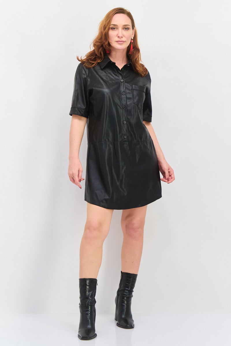 Black Tape فستان ميني نسائي سادة، أسود - Image 3