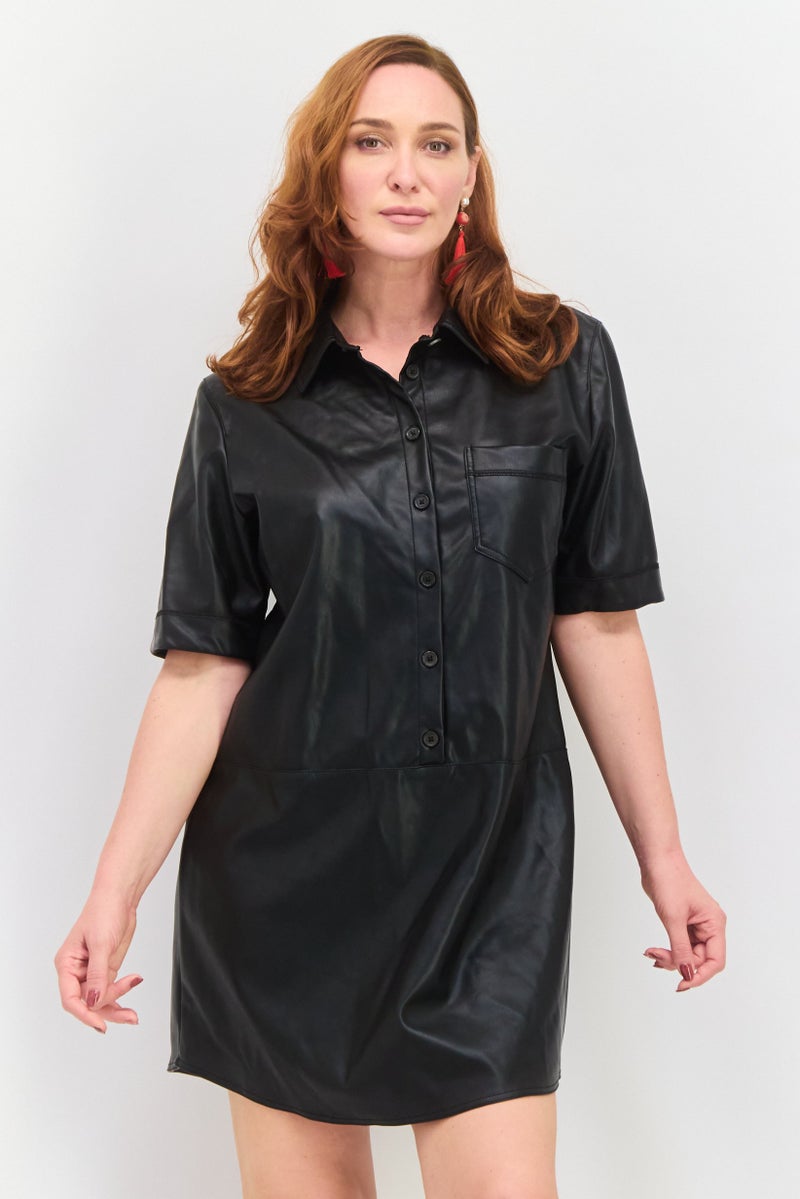 Black Tape فستان ميني نسائي سادة، أسود - Image 1