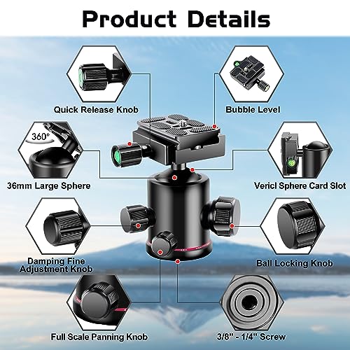Manbily Ball Head Manbily Tripod Head Metal Aluminum Body 360° Panoramic Monopod Head with Extra Arca Swiss Quick Release Plate, Load up to 17.6lbs/8kg,Camera Head for DSLR, Camcorder, Slider (Red) - Image 2