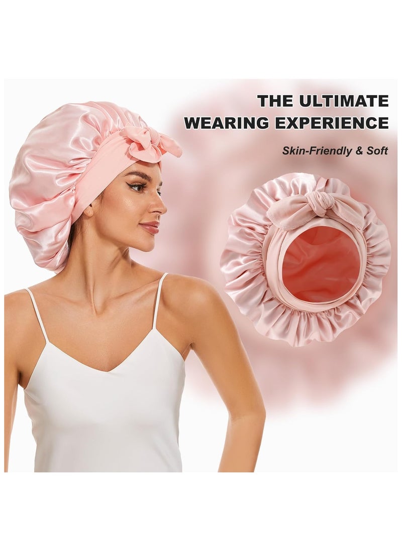 BTFMEI 2 PCS Hair Satin Bonnet, Silk Bonnet for Sleeping with Tie Band, Satin Bonnets for Women Natural Curly Hair Shower cap (Rose gold and off-white)  - Image 3