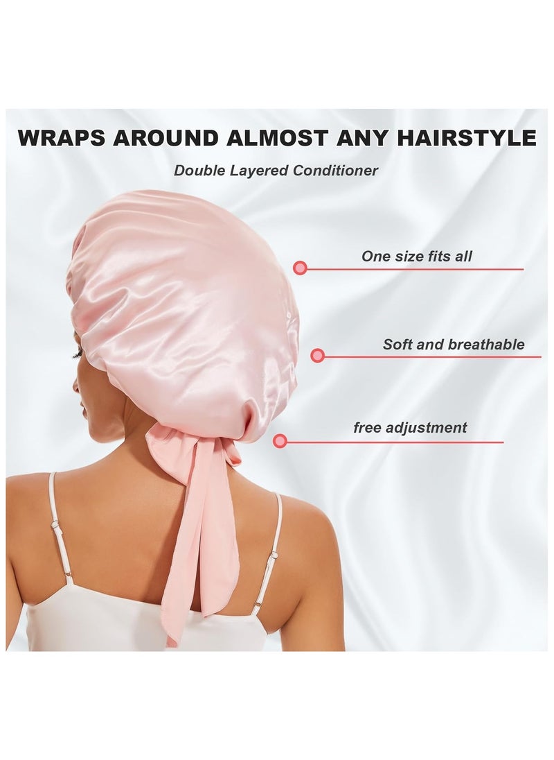 BTFMEI 2 PCS Hair Satin Bonnet, Silk Bonnet for Sleeping with Tie Band, Satin Bonnets for Women Natural Curly Hair Shower cap (Rose gold and off-white)  - Image 5