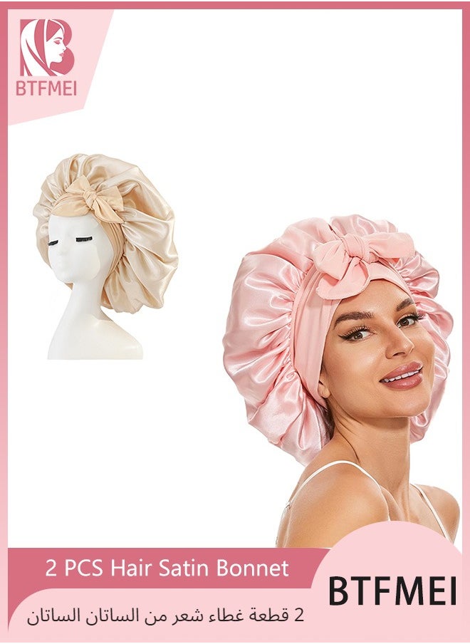 BTFMEI 2 PCS Hair Satin Bonnet, Silk Bonnet for Sleeping with Tie Band, Satin Bonnets for Women Natural Curly Hair Shower cap (Rose gold and off-white)  - Image 1
