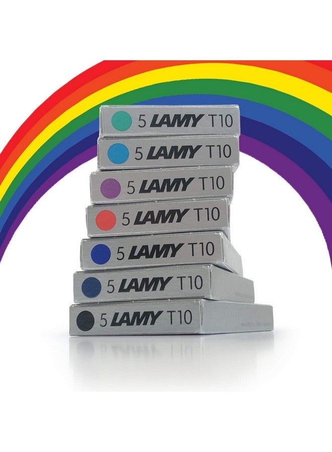 لامي عبوة حبر أقلام النافورة T10 بألوان متنوعة وخراطيش إعادة تعبئة بديلة لجميع أقلام Lamy Fountian (عبوة واحدة من كل لون - 7 عبوات - 35 خرطوشة - أسود، أحمر، أزرق قابل للغسل، أخضر، أرجواني)
