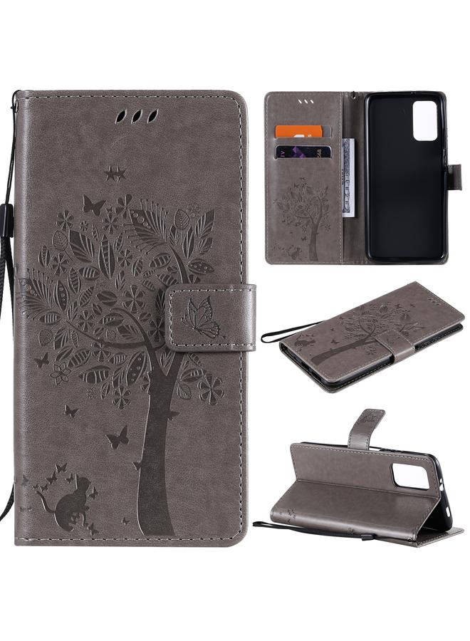 The Bros Case For Xiaomi Redmi Note 9 4G Tree & Cat Pattern Pressed Printing Horizontal Flip PU Leather Case with Holder & Card Slots & Wallet & Lanyard