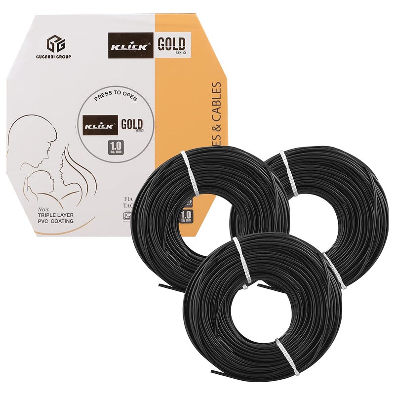 KLICK KLICK Copper Wire with Triple Layer PVC Coating Unilay Bunching Single Core Unsheathed Flexible Electric Cable for Domestic Industrial Connections Gold Series 10 mm 90m Long Black 3 Pcs  - Image 1