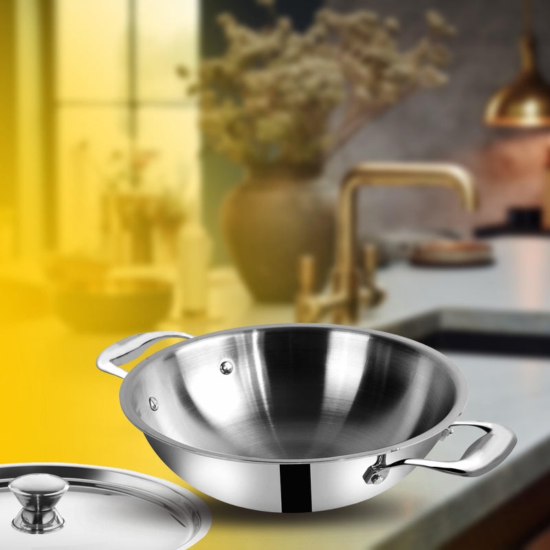 FLIXBLOOM فلكس بلوم طقم مطبخ ثلاثي الطبقات (فولاذ مقاوم للصدأ + ألومنيوم + دمج فولاذ) قاعدة تحريض/صديقة للغاز العميقة لطهي/تقديم وقلي (قدر مع غطاء، 1 لتر) - Image 1